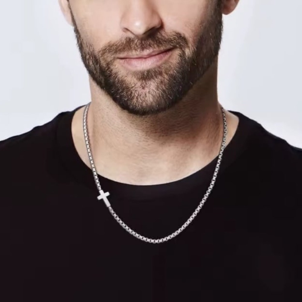 Men’s silver stainless steel sideways cross box chain necklace